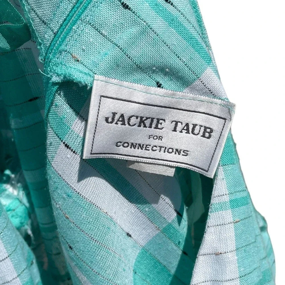 Vintage 80s Jackie Taub Aqua White Plaid Asymmetric Aline Day Dress Size 12 - Picture 6 of 6